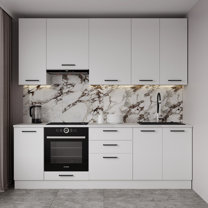 Кухонный гарнитур прямой «ЖЕМЧУГ», 2400×600 мм, столешница 26 мм, цвет жемчуг/марквина белый