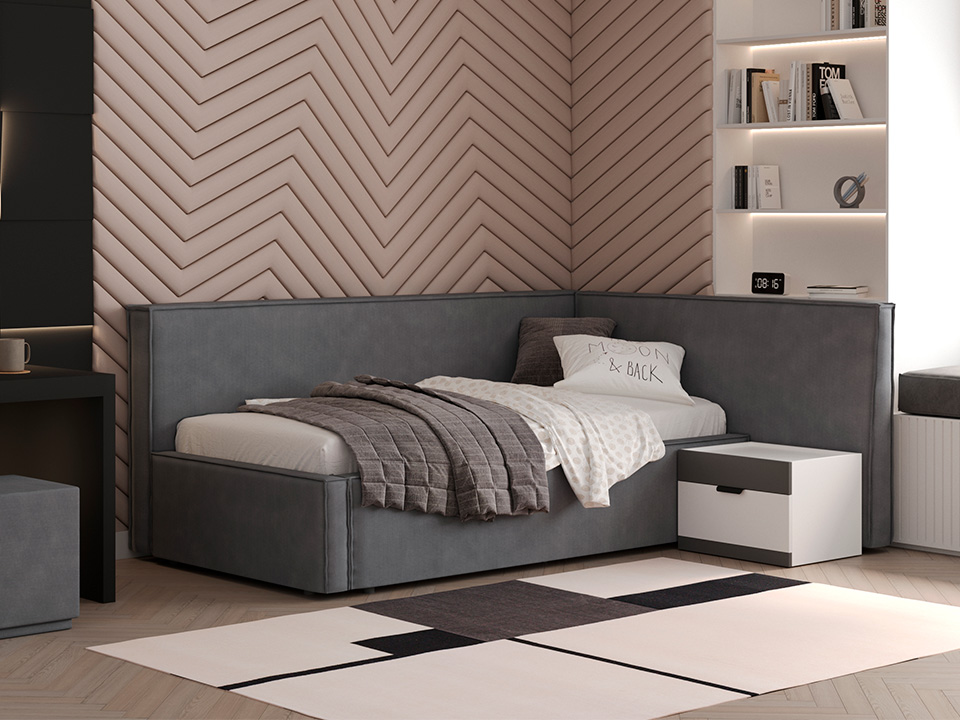 Кровать Орматек Кровать-софа Porto (левая) (Ткань: Рогожка Levis 83 Светло-Серый) 90x190